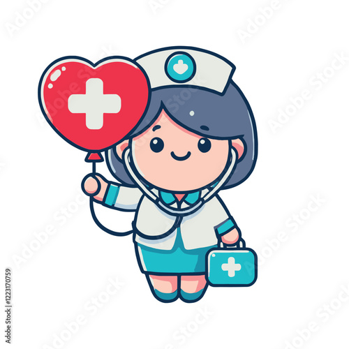 Cute Cartoon Nurse with Heart Balloon and Medical Kit