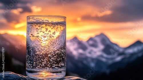 A glass of sparkling water against a stunning sunset over mountains.