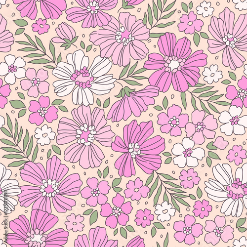 Beautiful floral pattern in small flowers. Small rose pink flowers. White background. Ditsy print. Floral seamless background. Elegant template for fashion prints. Stock pattern.