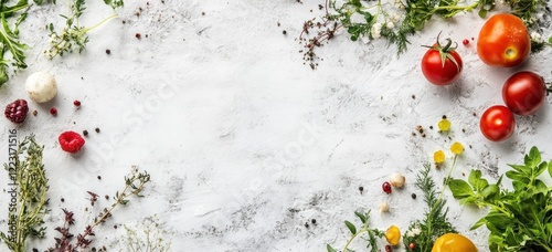 Wallpaper Mural Fresh herbs, spices, tomatoes & raspberries on white background. Torontodigital.ca