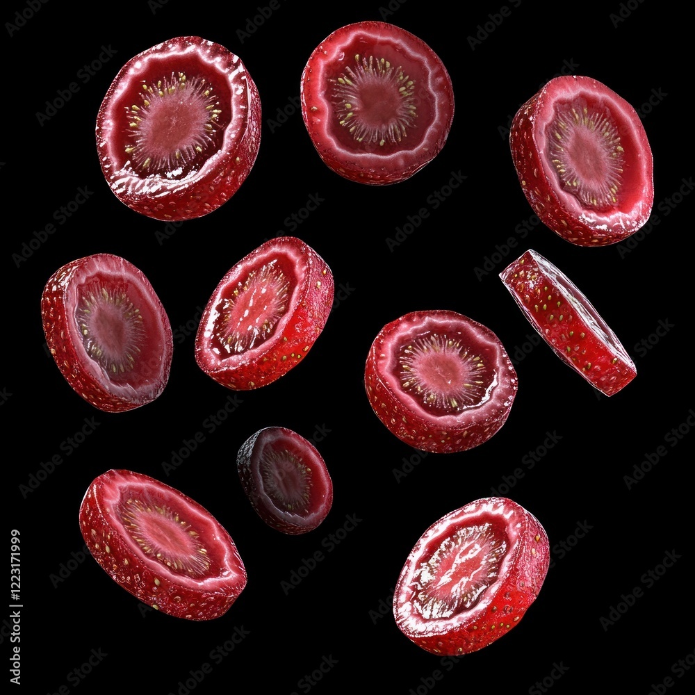 Fototapeta premium Fresh strawberry slices levitating against a black background.
