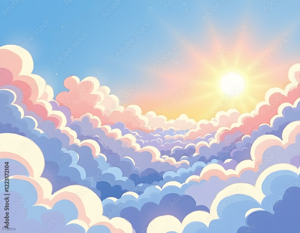 Fototapeta premium sky filled with fluffy white clouds and sun shining