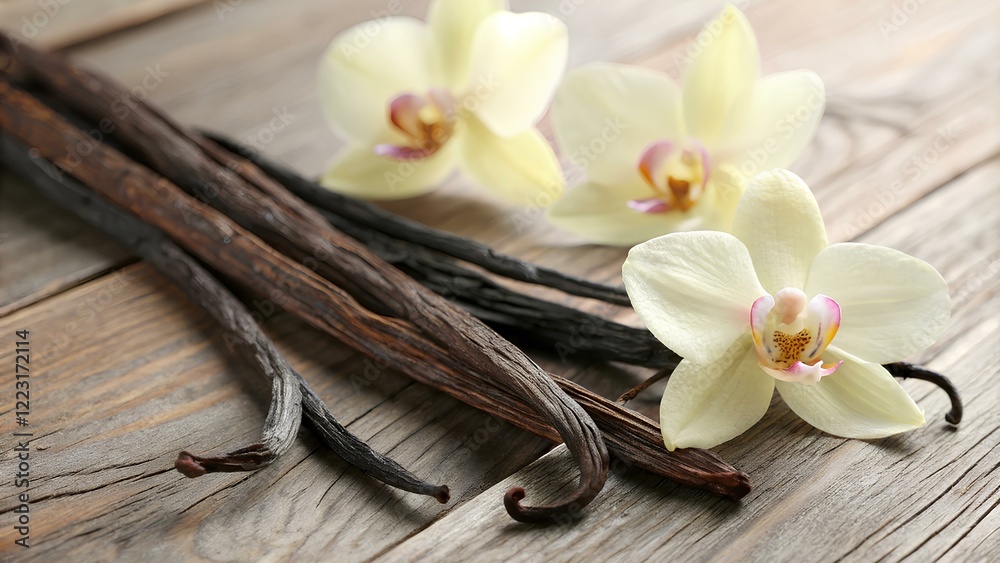 Dried vanilla sticks and vanilla orchid on a wooden table. close up Dried vanilla sticks and vanilla orchid on a wooden table. close up