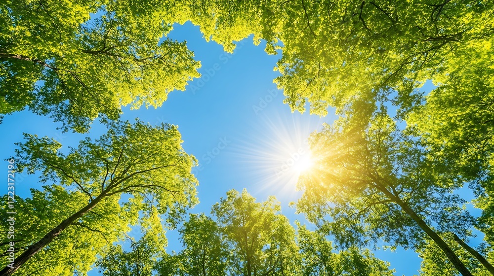Fototapeta premium Majestic trees reaching upward in a sun-drenched summer forest, providing an excellent canvas for a creative banner with room for text.