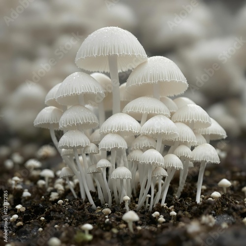 Beautiful white shimeji mushrooms growing in damp soil, natural, moist, cultivation, recipe, unblemished