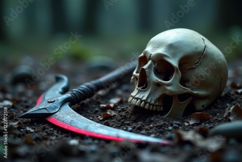 Reaper's scythe lies on the ground near a skull, dead, skull, grave photo