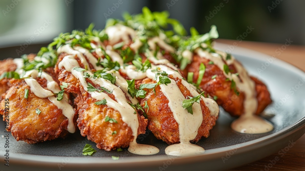 Crispy fried food drizzled with creamy sauce and garnished with fresh herbs. Crispy fried food drizzled with creamy sauce and garnished with fresh herbs.