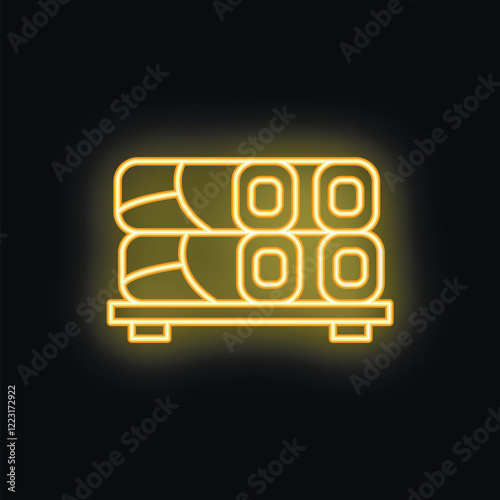 Glowing neon icon of timber wood logs on a pallet, representing the logging industry