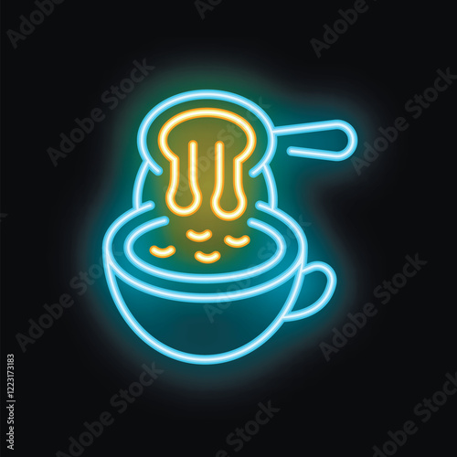 Neon sign of honey pouring from a honey dipper into a steaming cup of tea, perfect for cafes and tea shops