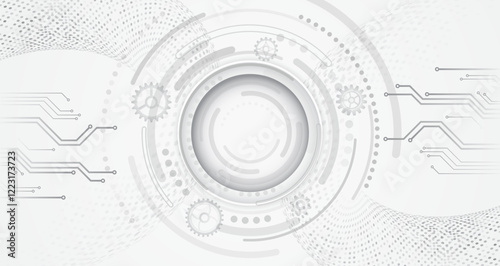 Digital communication, data protection, high tech presentation, science cover. Abstract gray futuristic background consisting of printed circuit board, squares and other technological elements.