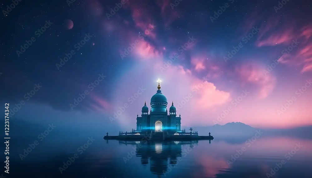 Obraz premium Serene Temple on Calm Waters Under Starry Sky