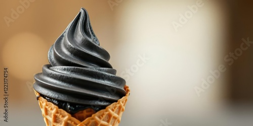 Black licorice ice cream cone with a single scoop served in a waffle cone, sweet, frozen treat