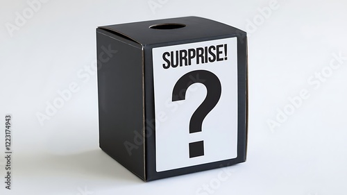 A black box with a question mark graphic and surprise text for business concepts