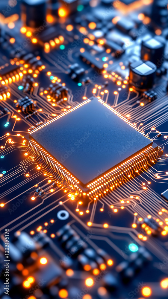 Obraz premium High tech microchip on circuit board with glowing connections