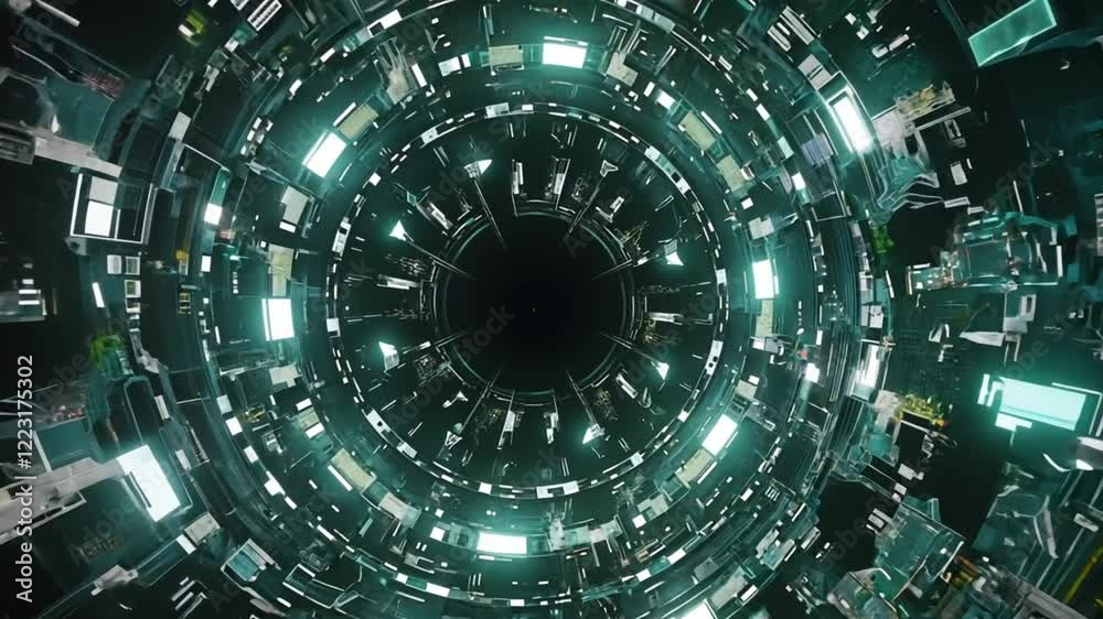 A wormhole inspired by organic and technological elements—mixing bioluminescent green hues, circuit-like veins, and pulsating lights