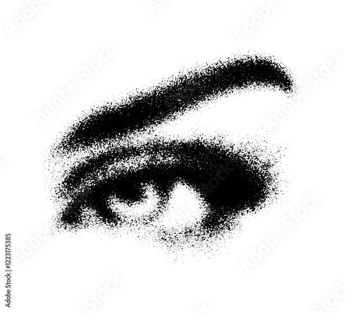 Black and white vector illustration of a human eye with grunge texture. The observant gaze is enhanced by the unique, textured design, artistic flair.