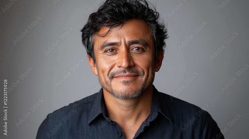 Portrait of a smiling man with curly hair wearing a black shirt against a neutral background Portrait of a smiling man with curly hair wearing a black shirt against a neutral background