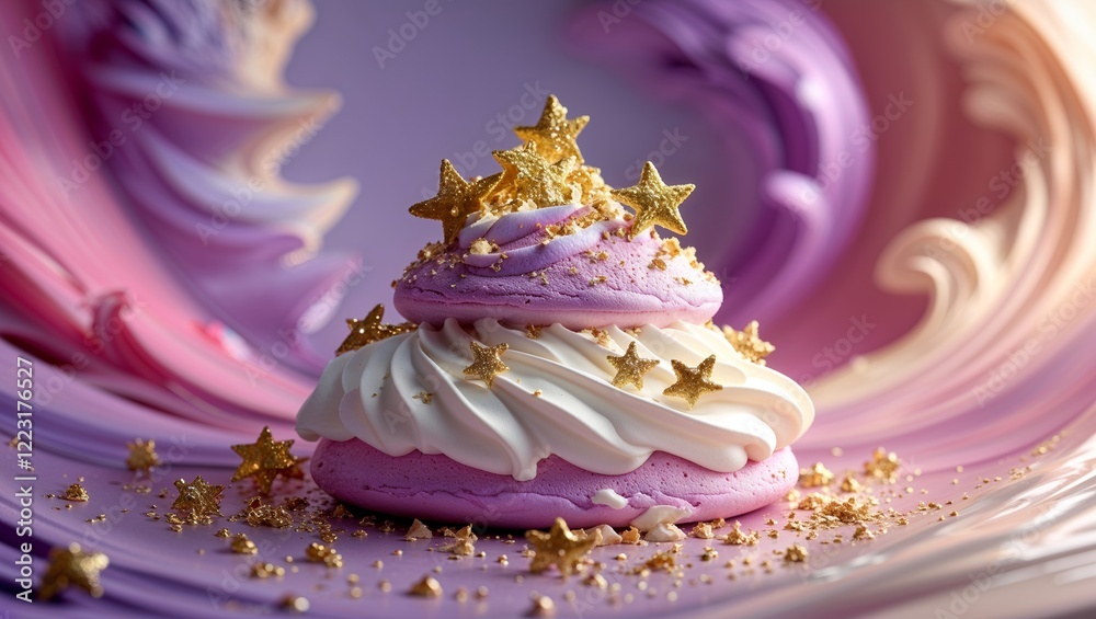 Whimsical Macaron Cake with Stars and Cream Swirls Against Pastel Background