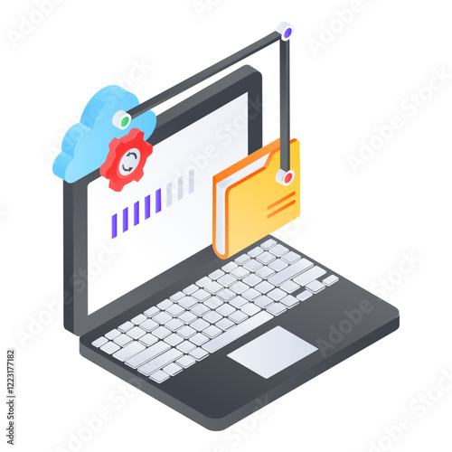 File Uploading Progress  isometric concept, Data Sync to Cloud Remote Server vector icon design, Web hosting service Symbol, Computing machines Sign, Internet Application Management stock illustration