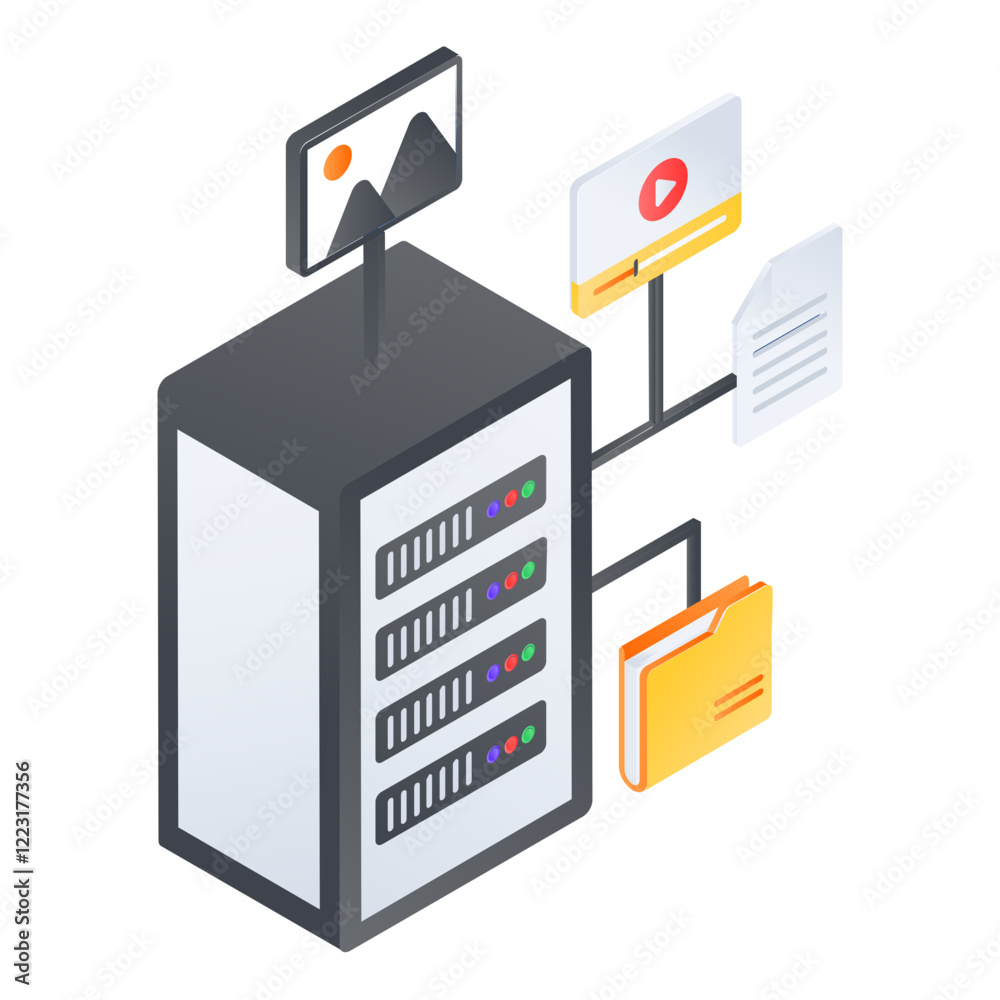Spaces Object Storage  isometric concept, Media Server Rack vector icon design, Web hosting service Symbol, Computing machines Sign, Internet Application Management stock illustration