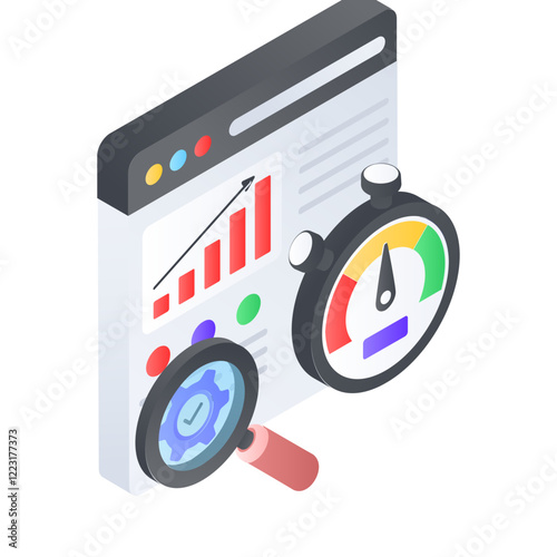 Website Quality Monitoring  isometric concept, Webpage Performance tracking vector icon design, Web hosting service Symbol, Computing machines Sign, Internet Application Management stock illustration