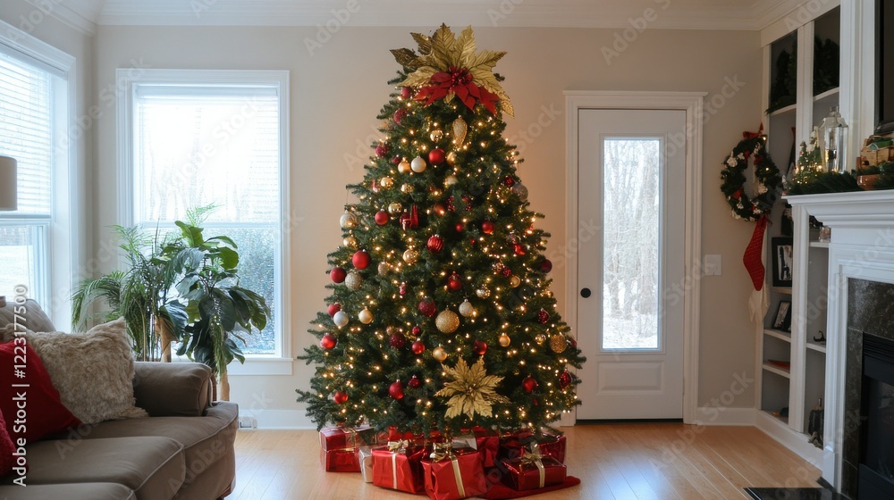 Obraz premium Decorated christmas tree with lights and gifts in cozy living room setting