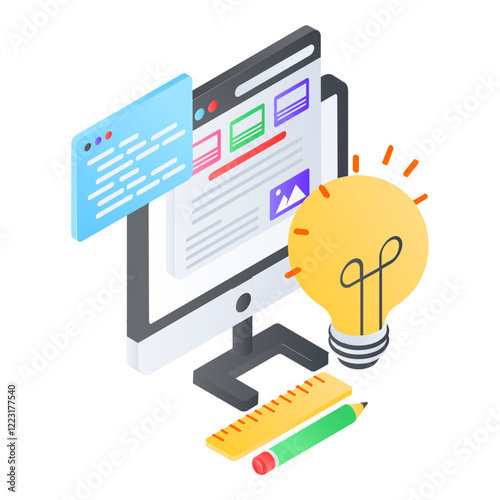 webpage designing  isometric concept, ai powered Website builder vector icon design, Web hosting service Symbol, Computing machines Sign, Internet Application Management stock illustration