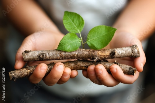 A child holding two sticks, trying to decide which is longer without a ruler, using their hands as a guide photo