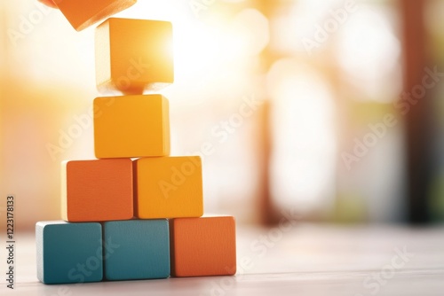 A child stacking blocks in consecutive order, building a tall and colorful tower on the floor of a sunny playroom