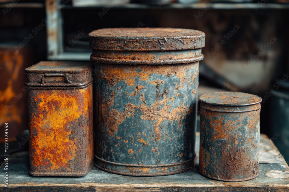 Representations of Rust Concept, Rusty metal containers in various sizes, showcasing vintage charm and texture Representations of Rust Concept, Rusty metal containers in various sizes, showcasing vintage charm and texture