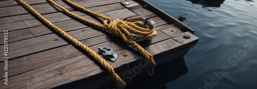 Boat secured by rope to a cleat on a dark wooden dock, wood, sea