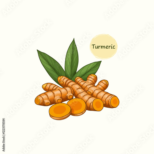 Fresh turmeric roots and leaves, artfully arranged.  Warm, earthy tones evoke a sense of natural health and spice.  A simple, inviting image.