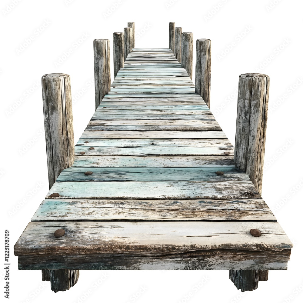 Obraz premium Weathered Wooden Dock Leading into Calm Water Under Bright Sky
