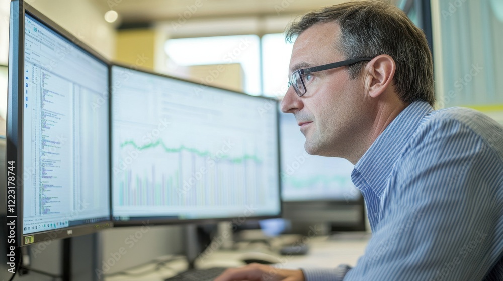Caucasian male adult analyzing data on dual monitors in office environment Caucasian male adult analyzing data on dual monitors in office environment