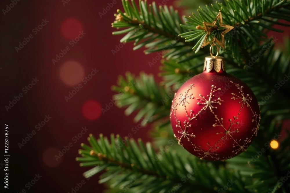 Red and gold ball ornaments add a touch of elegance to a star-topped Christmas tree, ornament, present Red and gold ball ornaments add a touch of elegance to a star-topped Christmas tree, ornament, present