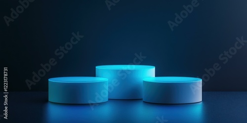 A minimalist composition featuring three illuminated circular platforms against a dark background. Ideal for product showcases, tech promotions, or modern art displays.