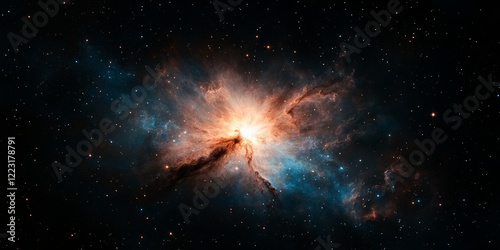 Captivating galaxy with a glowing starburst and colorful gas clouds in a vast dark space backdrop