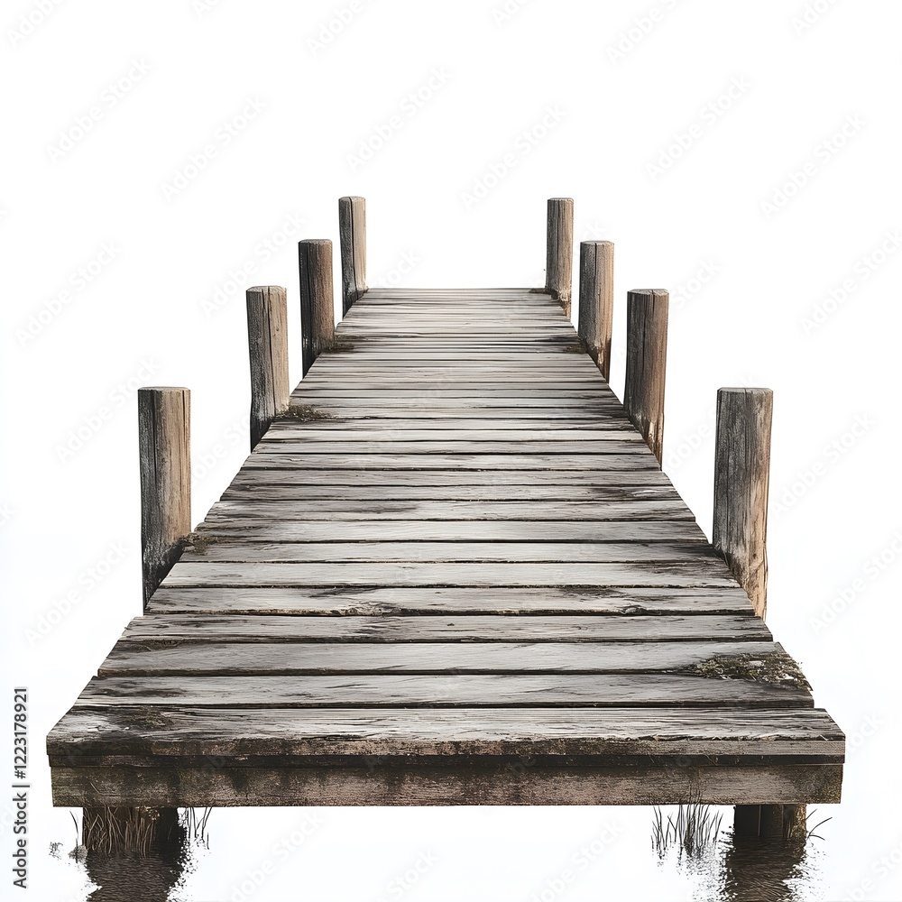 Fototapeta premium Wooden Dock Extending into Calm Water Under Bright White Sky