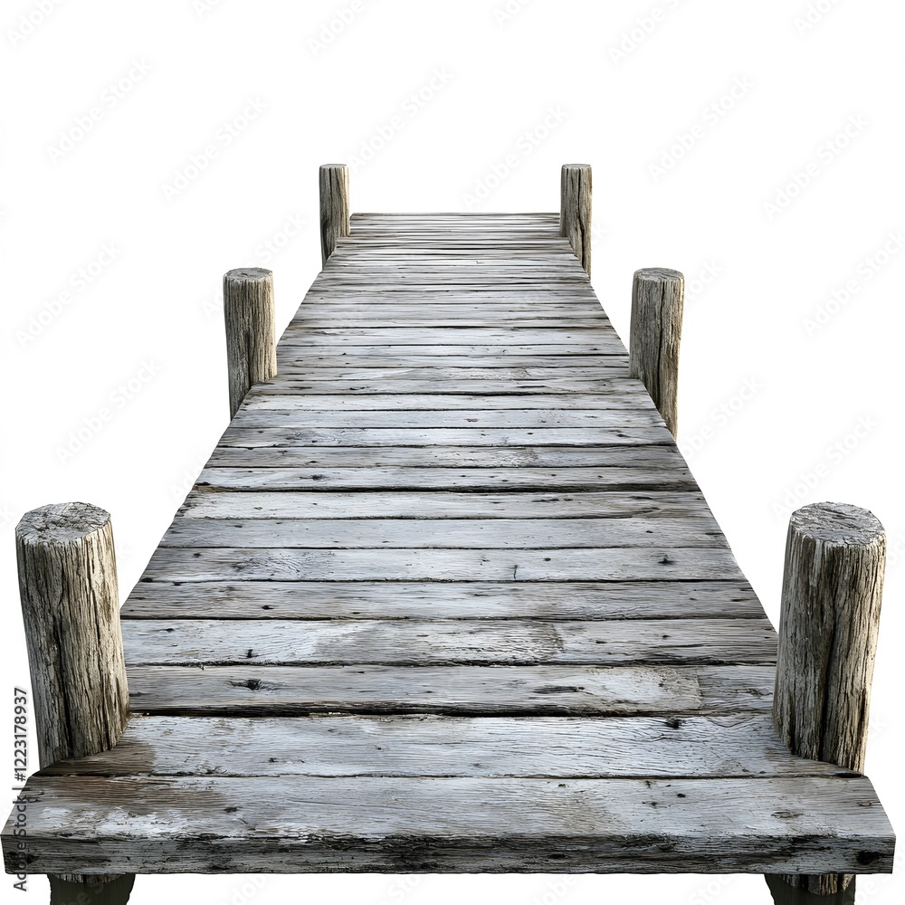Fototapeta premium Wooden Dock Extending Over Calm Water in Bright Daylight Scene