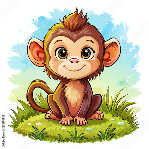 Vector illustration of a baby monkey on the grass on white background - Generative AI
