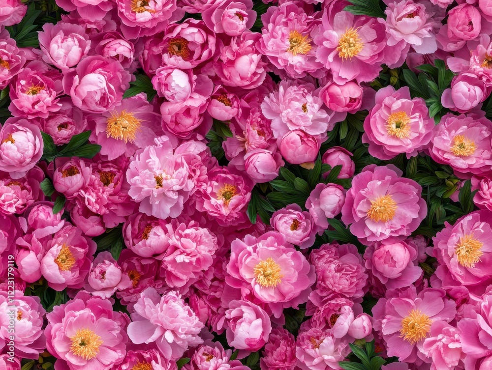 Obraz premium A Seamless Pattern of Pink Peony Flowers with Yellow/Orange Centers and Lush Dark Green Leaves on a Green Background 