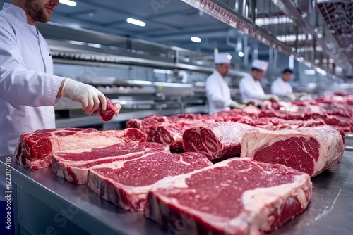 Inspection of freshly cut beef slabs in a large-scale meat processing plant