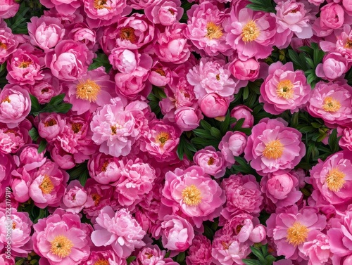 A Seamless Pattern of Pink Peony Flowers with Yellow/Orange Centers and Lush Dark Green Leaves on a Green Background
