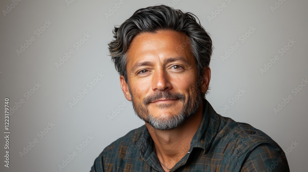 Portrait of a smiling man with gray hair and beard, wearing a checkered shirt against a neutral background Portrait of a smiling man with gray hair and beard, wearing a checkered shirt against a neutral background