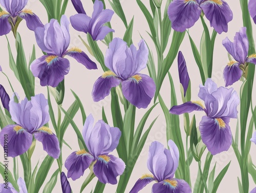 A Seamless Pattern of Purple Iris Flowers with Yellow/White Markings on the Petals and Lush Green Leaves on a Green Background