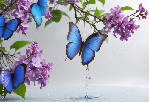 Branch with blooming purple lilac flowers and bright blue morpho butterfly in water drops isolated on white background, botanical, bright blue morpha butterfly photo