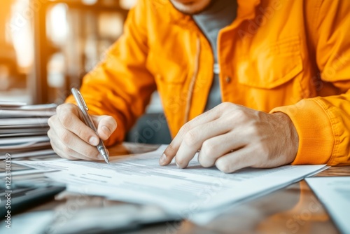 A college applicant nervously handing in their application form at the admissions office, with a stack of other forms visible on the desk photo