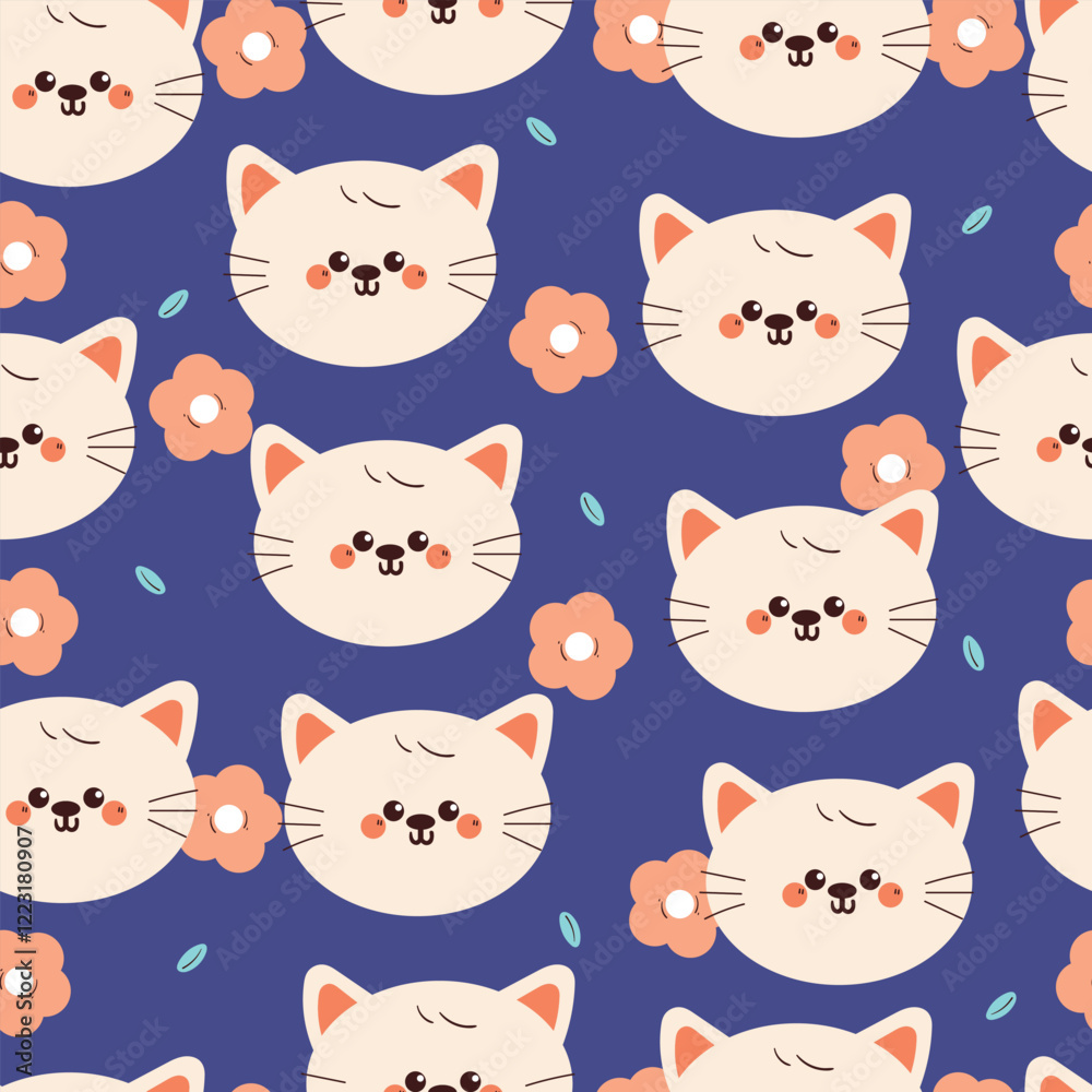 seamless pattern cute cartoon cat with flower and leaves. cute animal pattern for wallpaper, background and gift wrap paper seamless pattern cute cartoon cat with flower and leaves. cute animal pattern for wallpaper, background and gift wrap paper