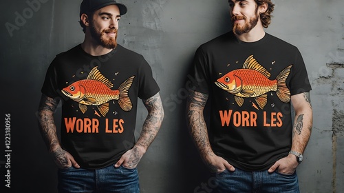 Two men model black t-shirts featuring a fish graphic and 