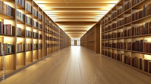 Long Wooden Library Corridor Filled With Bookshelves